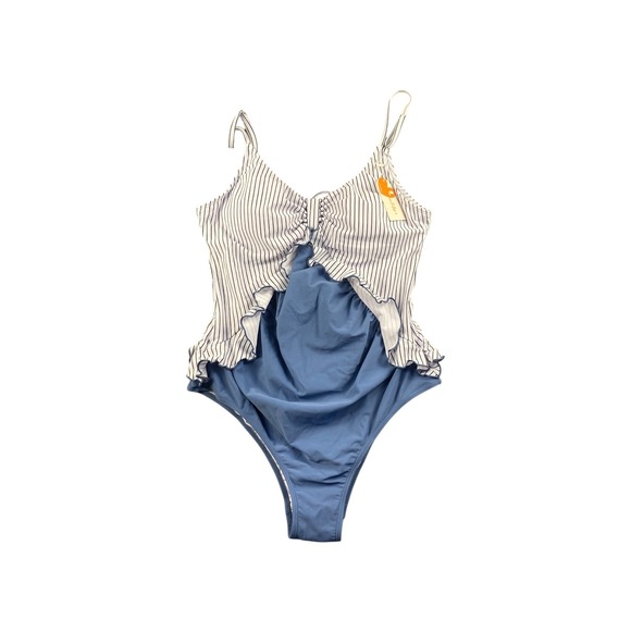 Summer Mae Other - NWT Summer Mae One Piece Swimsuit Striped Ruffle Tie‎ Front Blue Womens XL